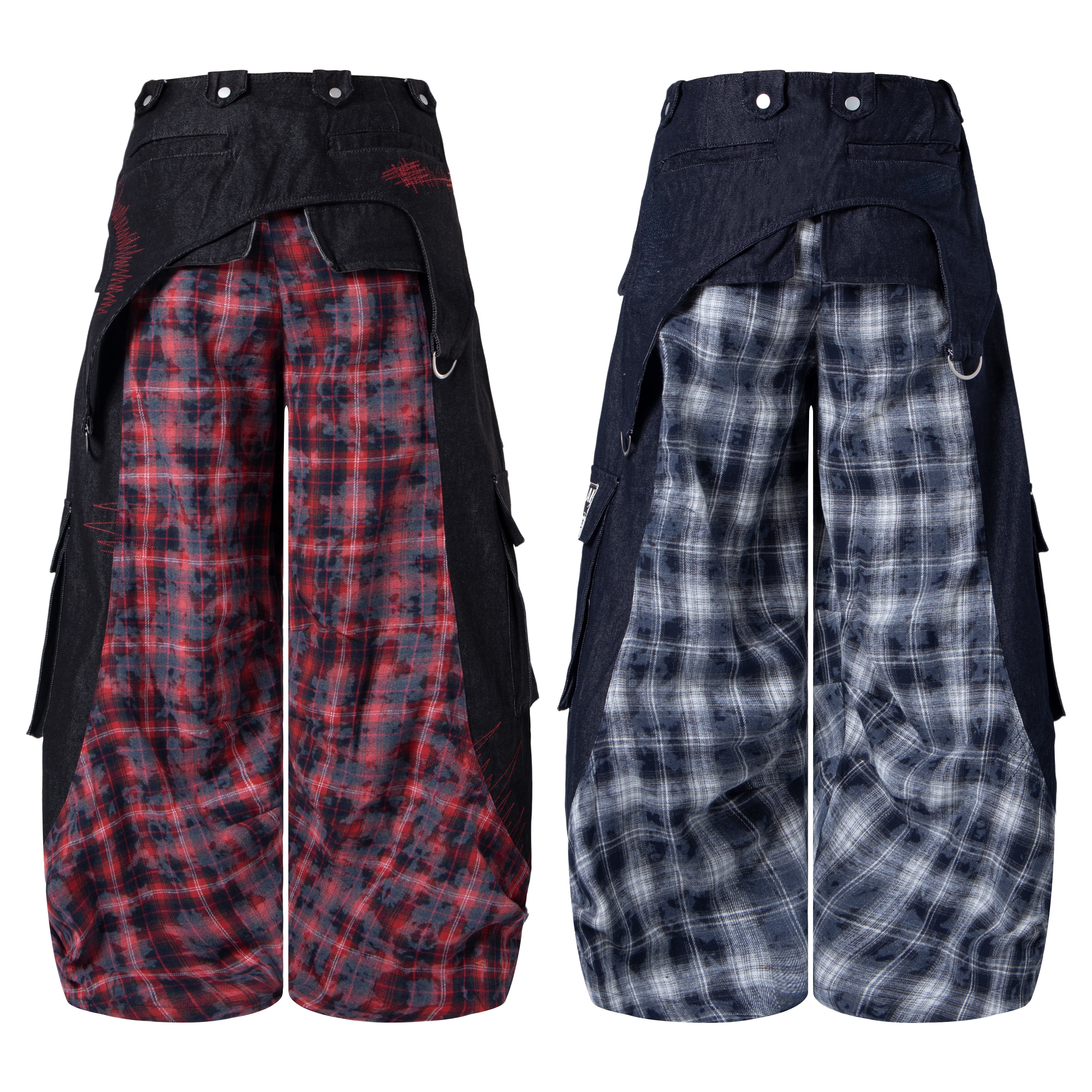 CapCabin Layered Plaid Panel Wide-Leg Pants