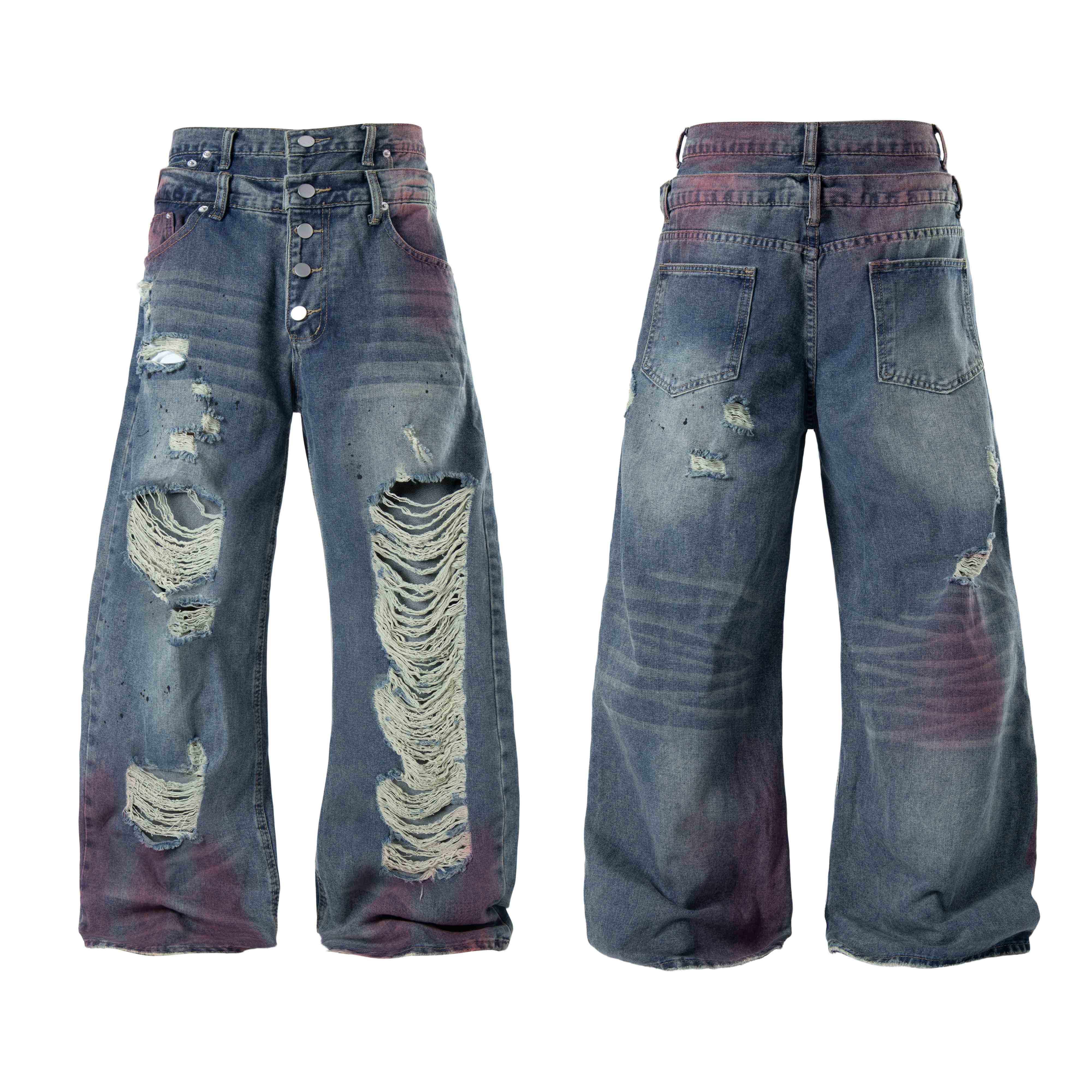 CapCabin Distressed Washed Wide-Leg Jeans