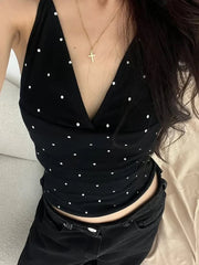 Black Y2K Polka Dot Halter Low Cut Tank Tops