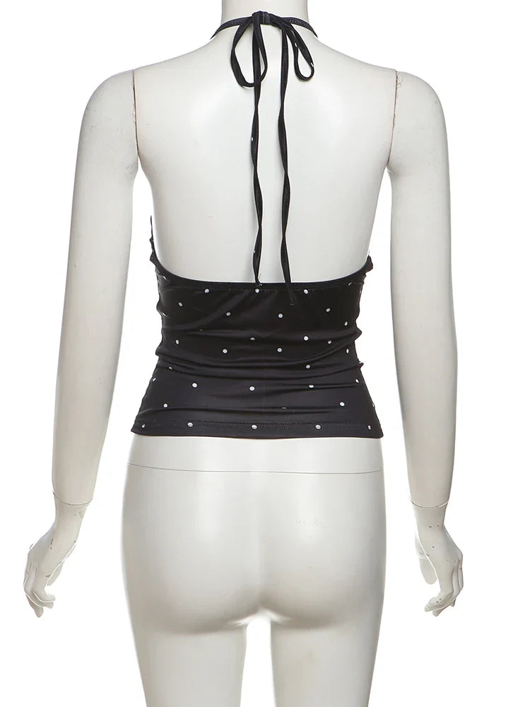 Black Y2K Polka Dot Halter Low Cut Tank Tops