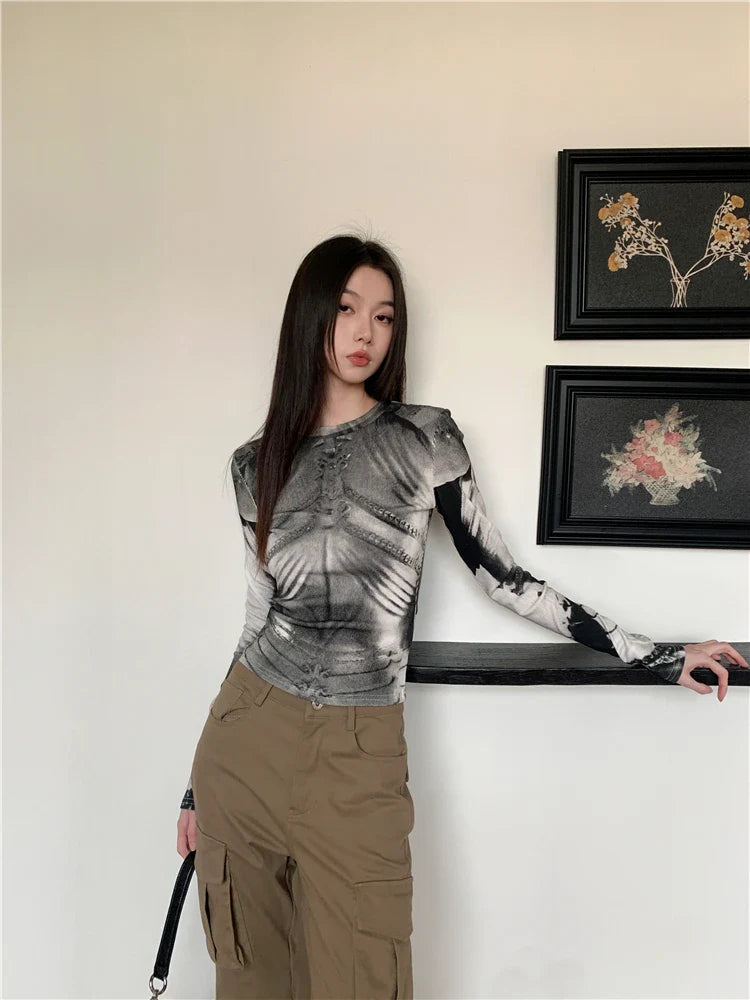 Cyber Y2K Armour Graphic Mesh Long Sleeve Top
