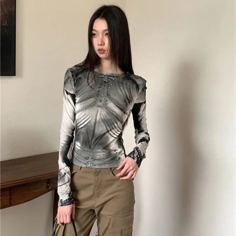 Cyber Y2K Armour Graphic Mesh Long Sleeve Top