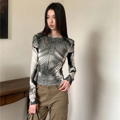 Cyber Y2K Armour Graphic Mesh Long Sleeve Top