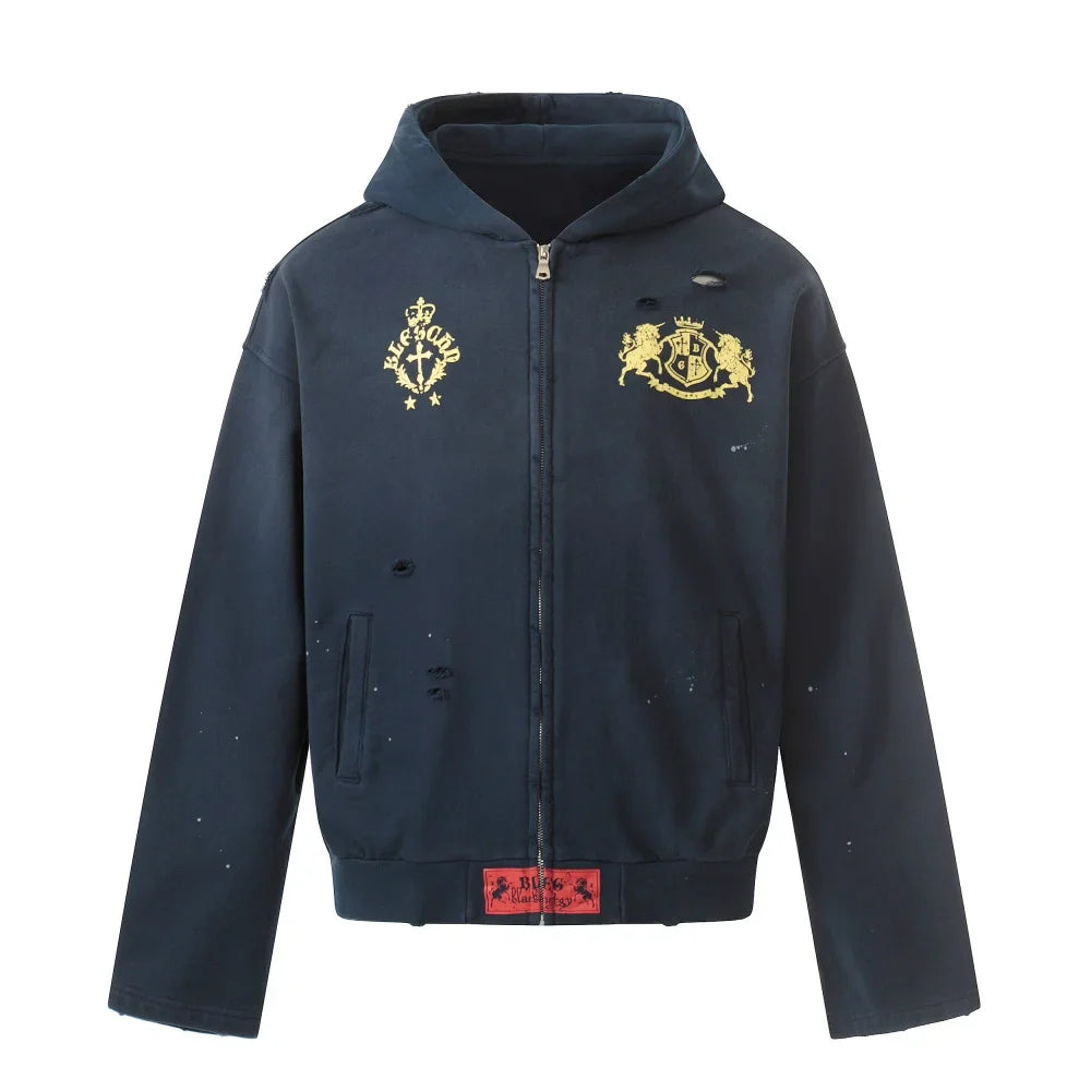 Distressed Y2K Graphic Print Ripped Zip Up Hoodie