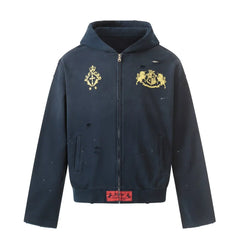 Distressed Y2K Graphic Print Ripped Zip Up Hoodie