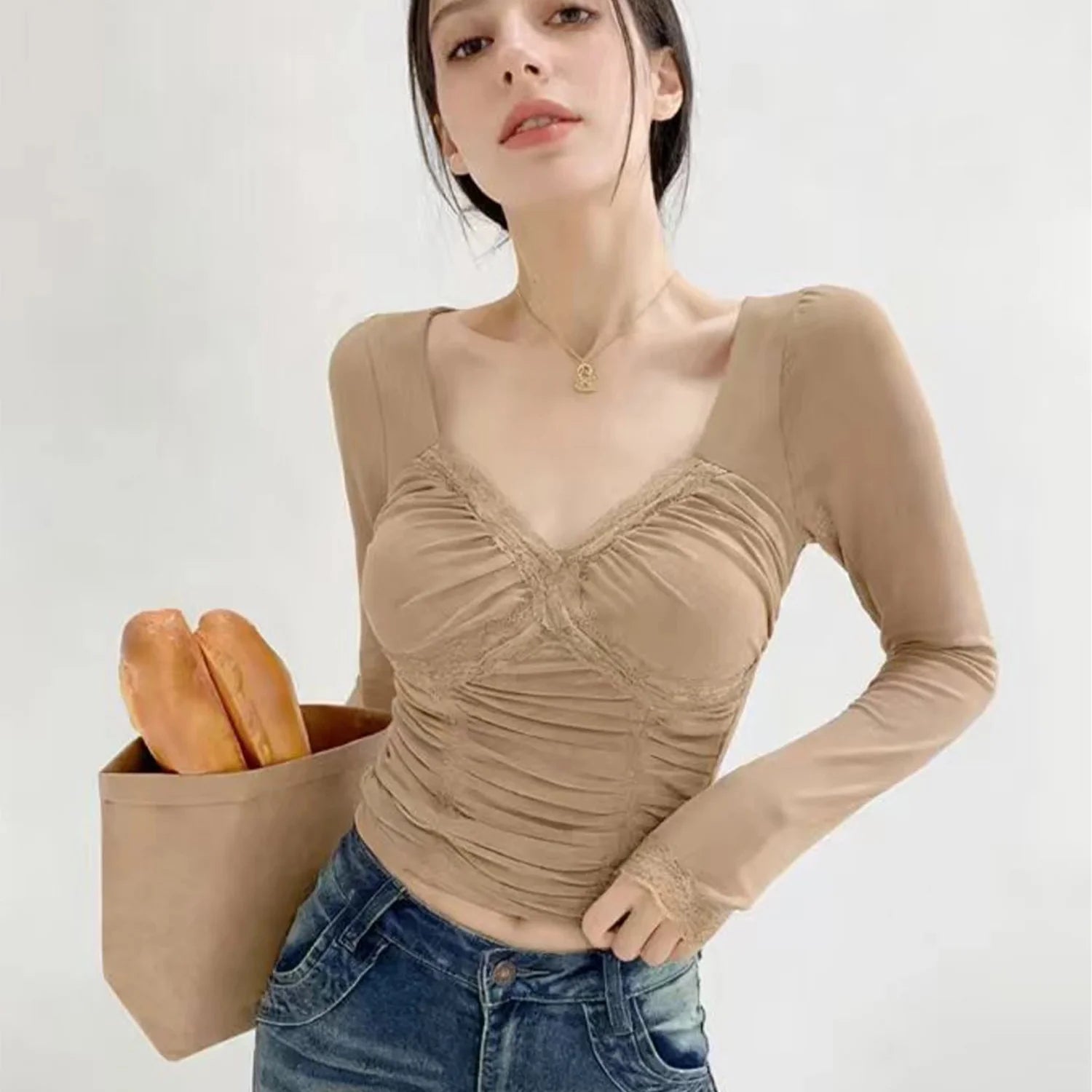 Lace Y2K Cropped Long Sleeve Low Cut Top