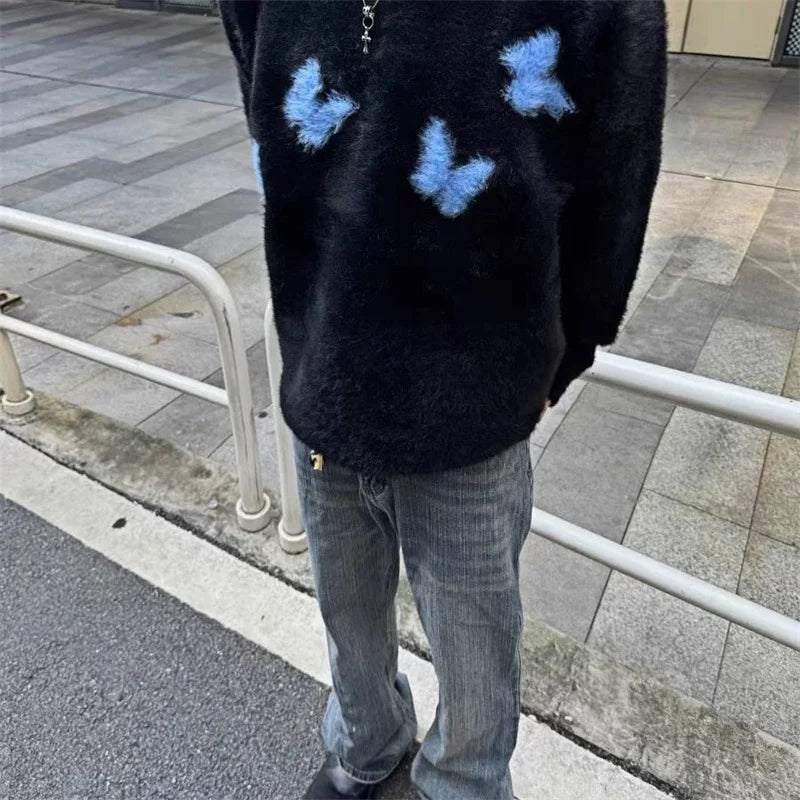 Mohair Y2K Blue Butterfly Knitted Cosy Jumper Sweater