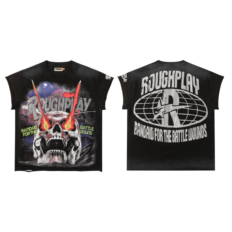 Rough Play "Bandaid for the Battle Wounds" Laser-Eyed Skull Graphic Sleeveless Tee