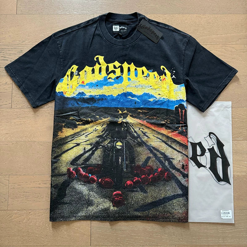 Godspeed Motorcycle and Roses Highway Graphic Tee Cotton Acid Washed Shirt