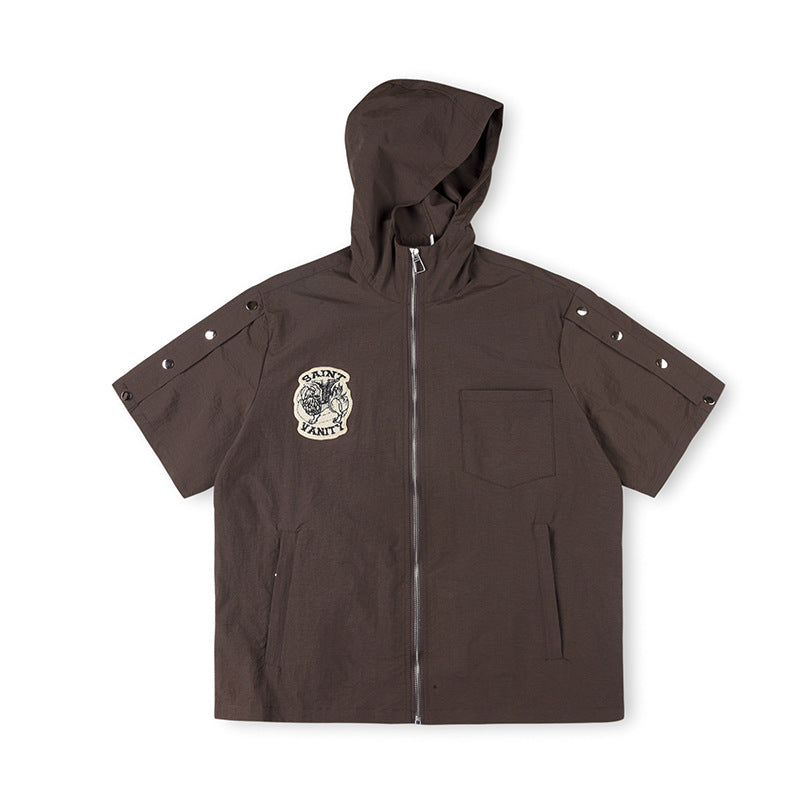 SAINT VANITY Short-Sleeve Full-Zip Hooded Jacket with Snap Sleeves - Brown