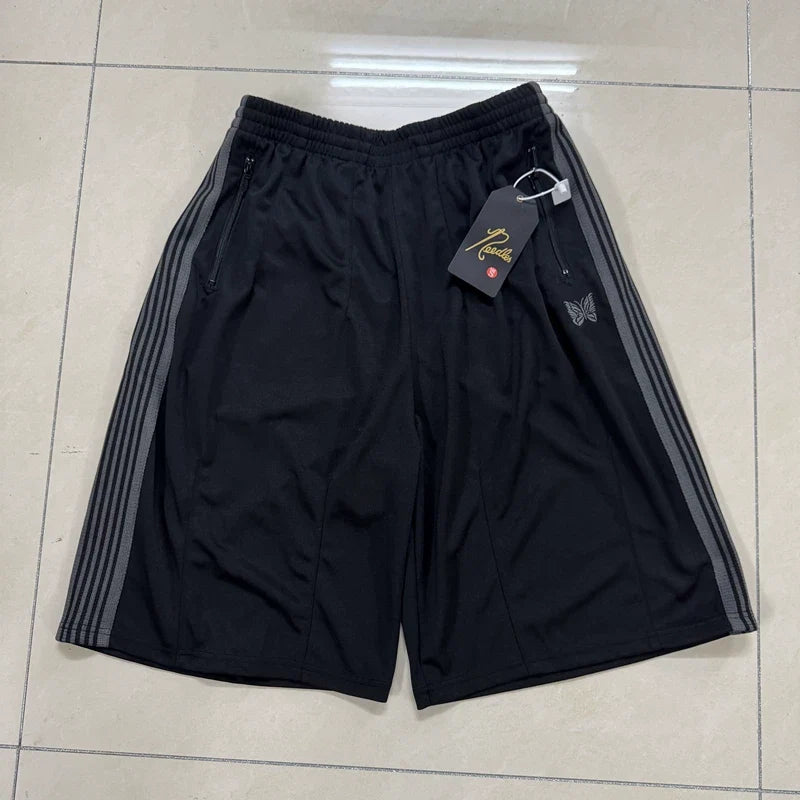 Needles Style Embroidered Butterfly Side-Tape Track Shorts - Black/Dark Grey