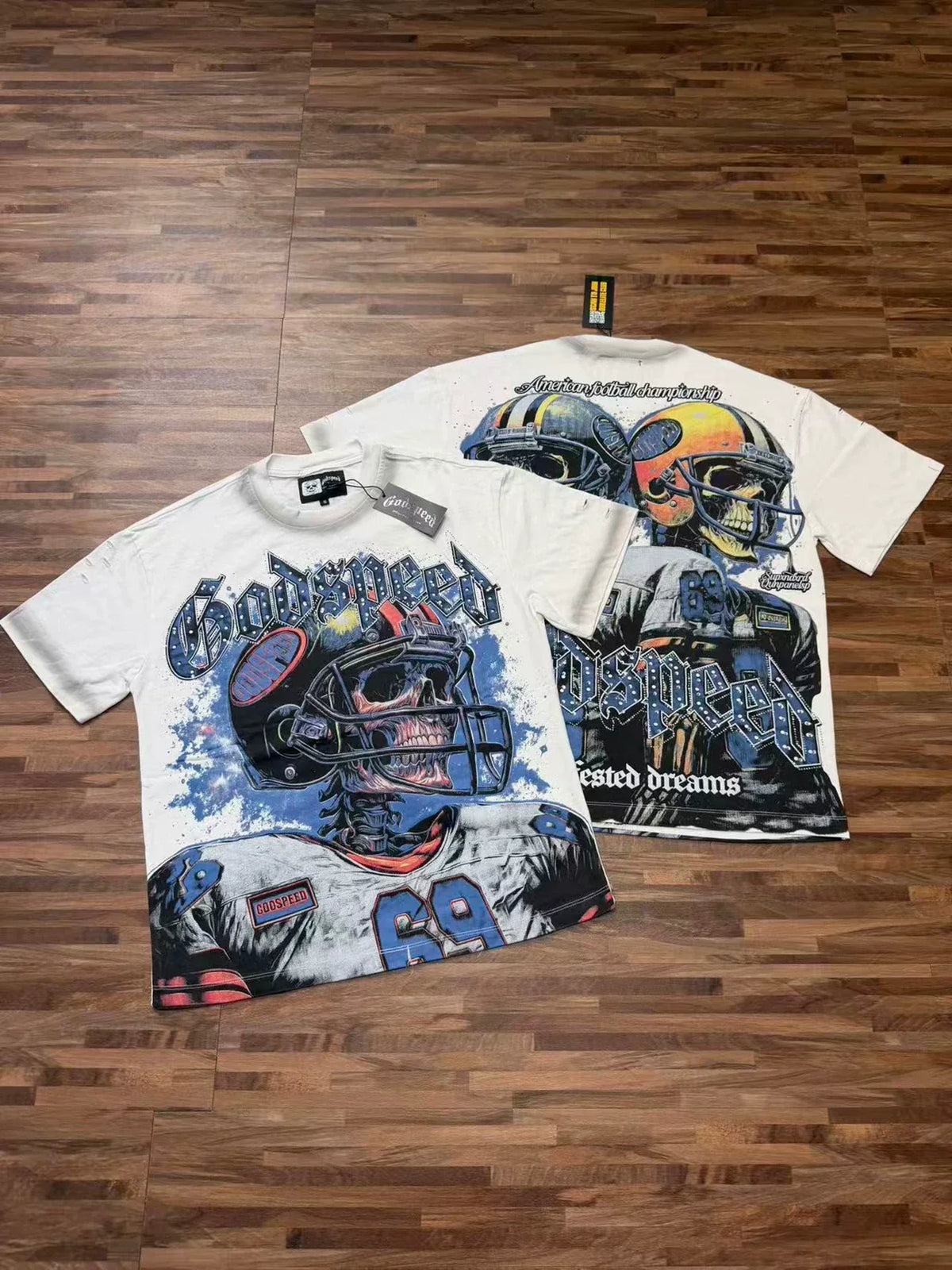 Godspeed Retro Football Helmet Graphic T-Shirt – White Streetwear Tee