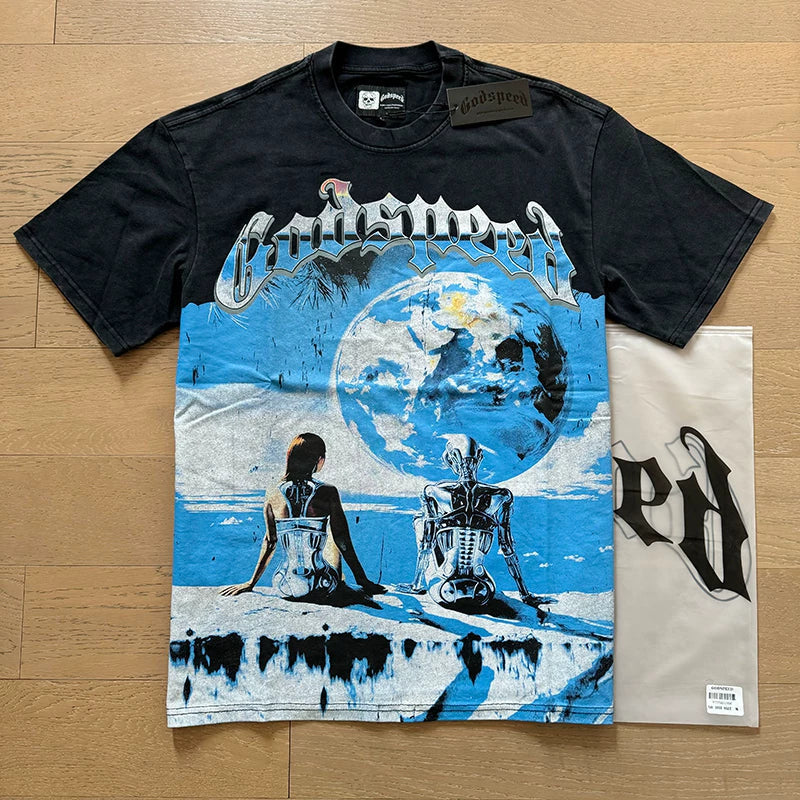 Godspeed Planet Earth and Cyborg Graphic Tee Cotton Acid Washed Shirt