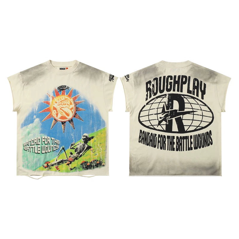 Rough Play "Bandaid for the Battle Wounds" Sun and Skeleton Graphic Sleeveless Tee