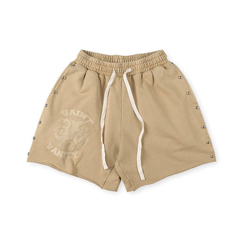 SAINT VANITY Vintage Graphic Side-Snap Casual Shorts - Khaki / Vintage Wash