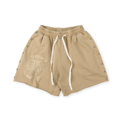 SAINT VANITY Vintage Graphic Side-Snap Casual Shorts - Khaki / Vintage Wash