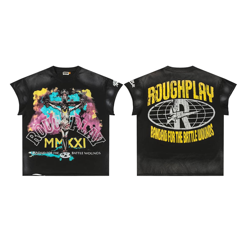 Rough Play "Bandaid for the Battle Wounds" Crucifix Graphic Sleeveless Tee
