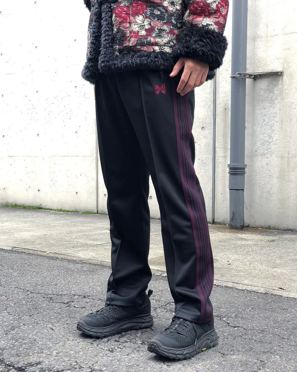 Needles Style Embroidered Butterfly Side-Tape Track Pants - Black/Burgundy