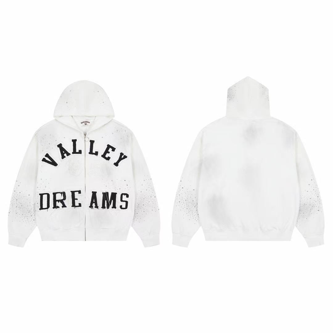 Vale Forever Valley Dreams Rhinestone & Applique Vintage Wash Full-Zip Hoodie white