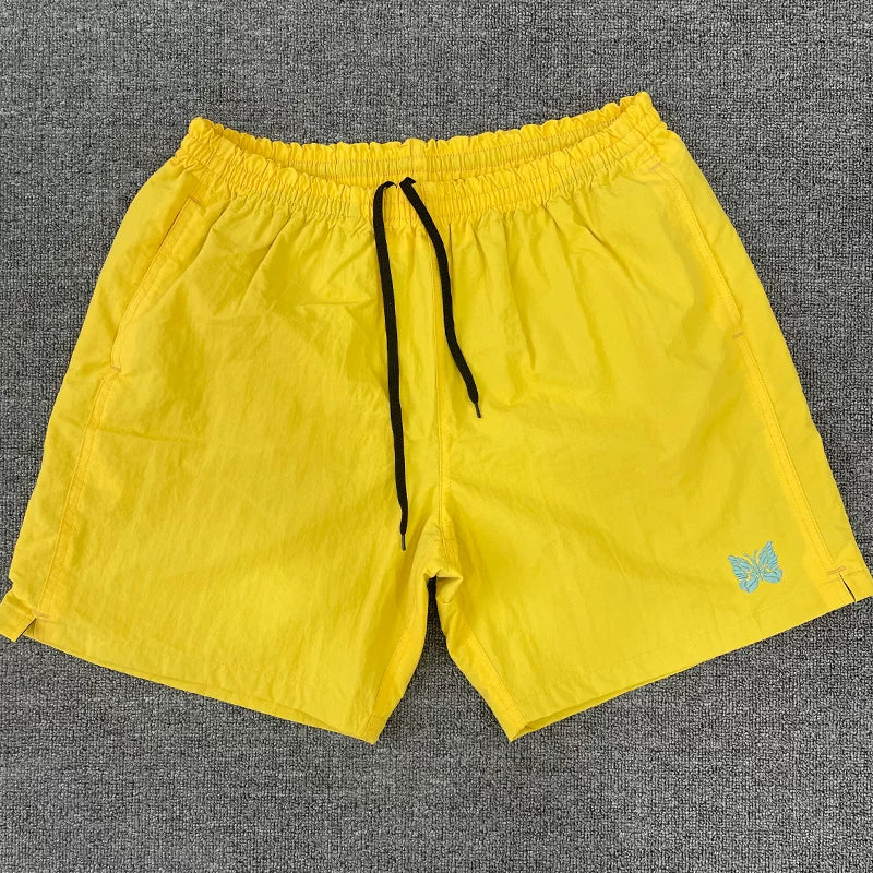 Needles Style Embroidered Butterfly Drawstring Side-Tape Shorts - Bright Yellow