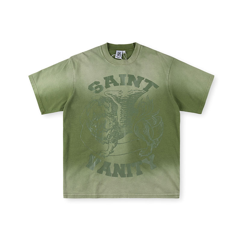 SAINT VANITY Winged Creature Graphic Short-Sleeve T-Shirt - Olive Green / Acid Wash