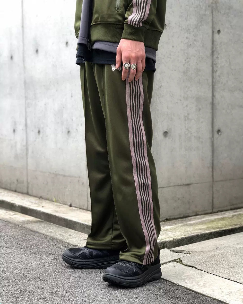 Needles Style Embroidered Butterfly Side-Tape Track Pants - Olive Green/Pink