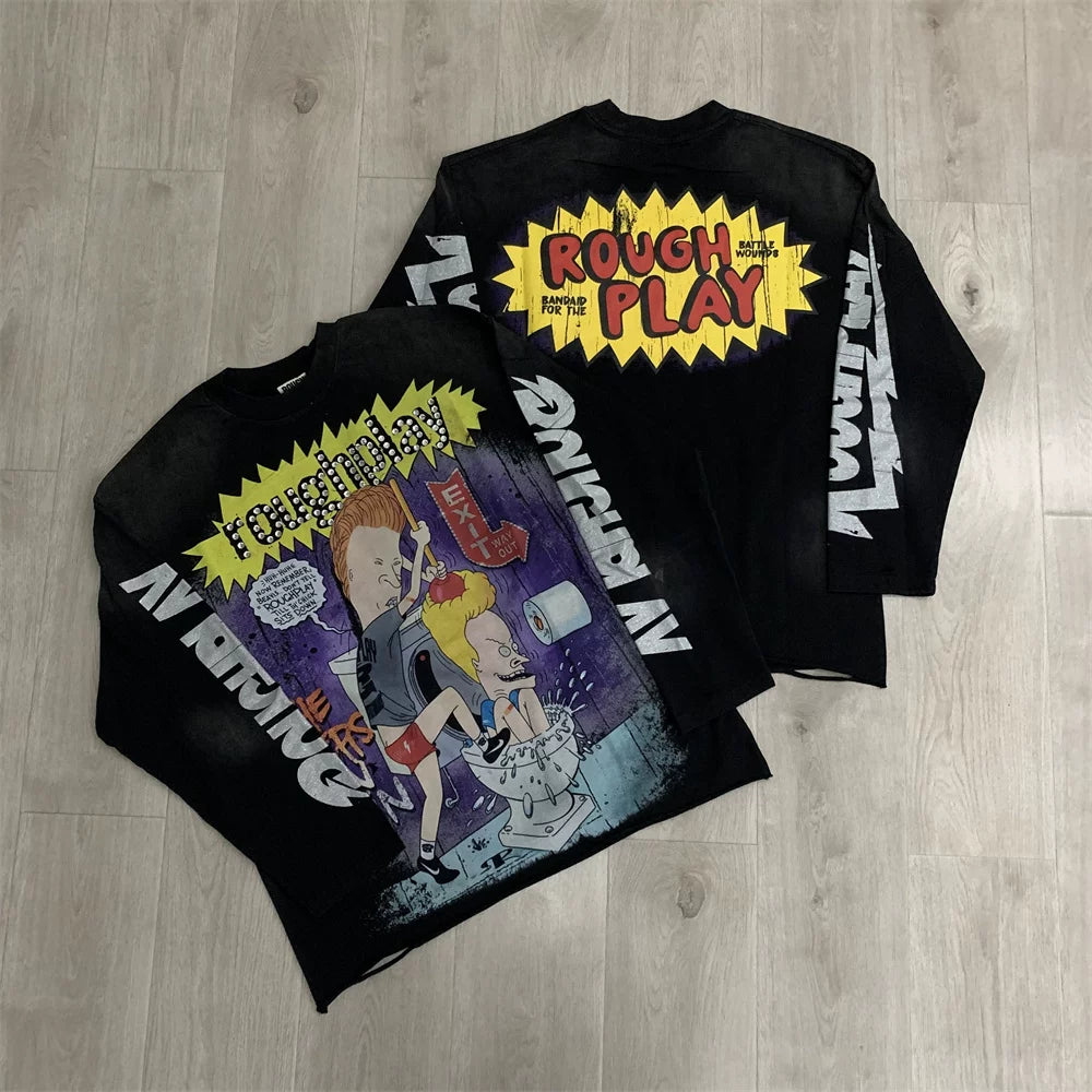 Roughplay Cartoon Comic Graphic Heavyweight Long-Sleeve Tee - Black