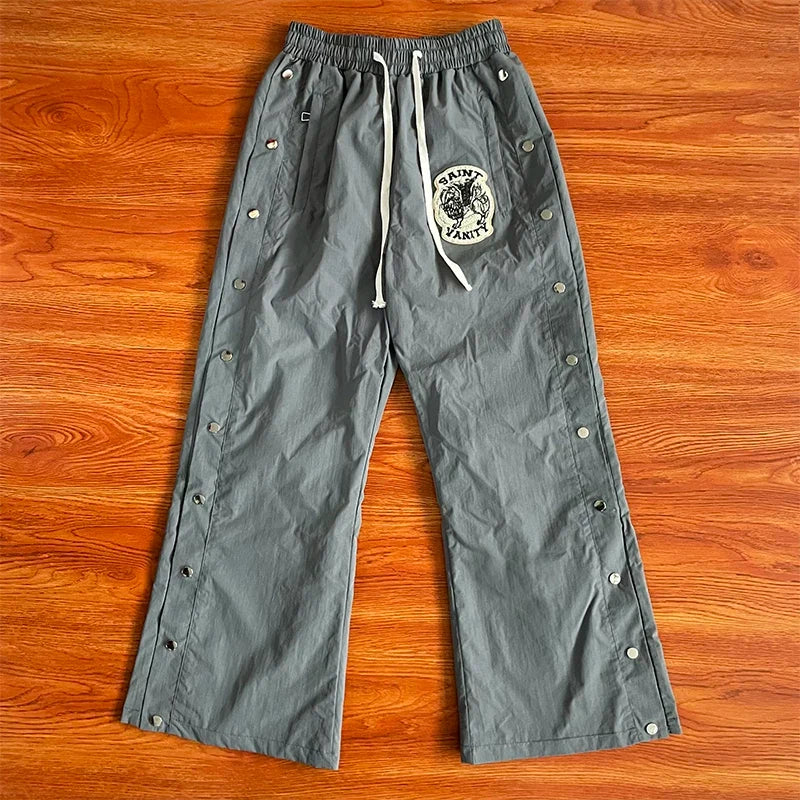 SAINT VANITY Embroidered Rivet Sports Style Casual Windbreaker Pants - Grey