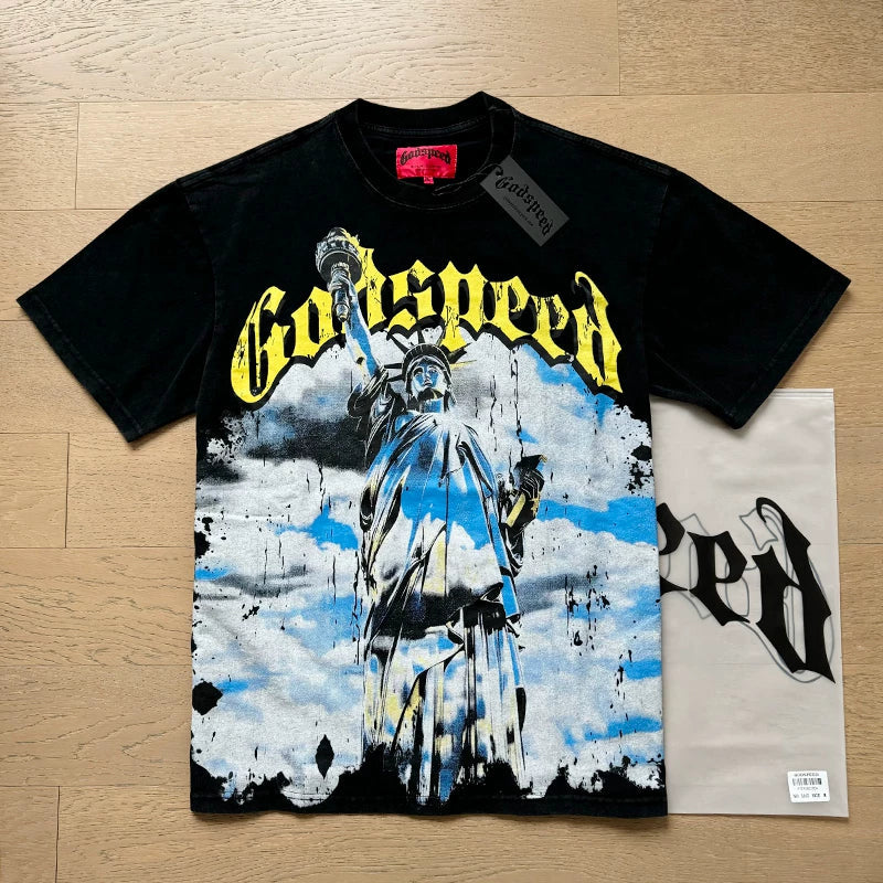Godspeed Statue of Liberty Black Vintage Graphic Tee Cotton Acid Washed Shirt