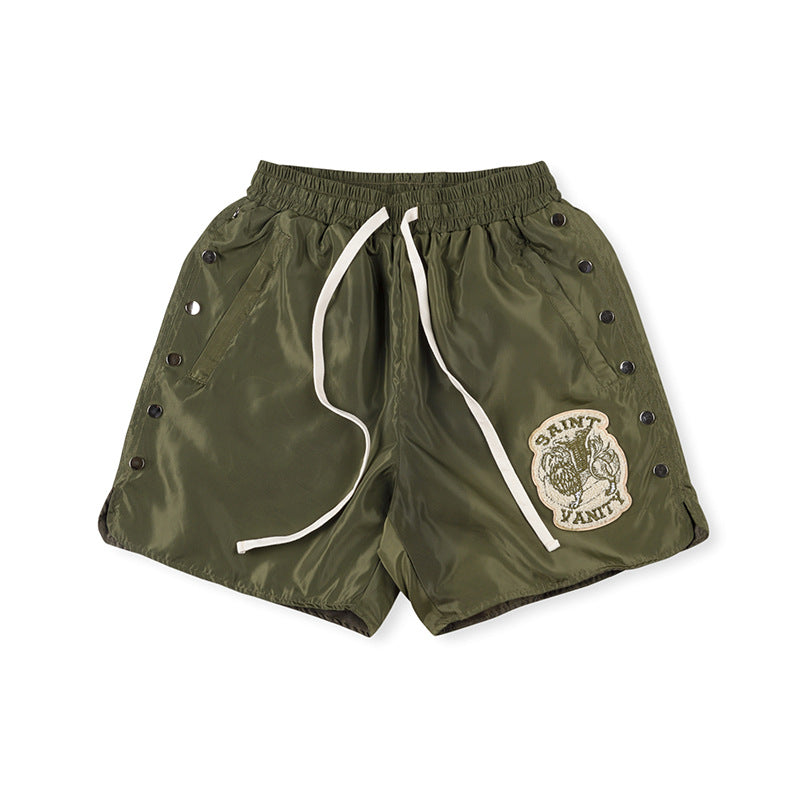 SAINT VANITY Graphic Side-Snap Nylon Shorts - Olive Green