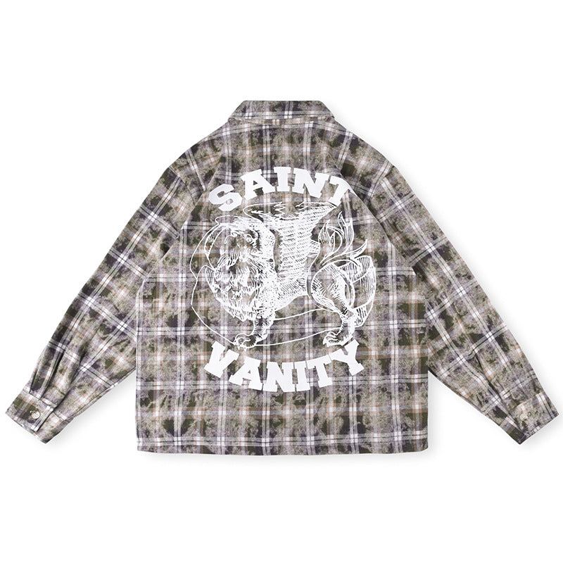 Saint Vanity Tiger Graphic Plaid Flannel Shirt - Grey/Brown