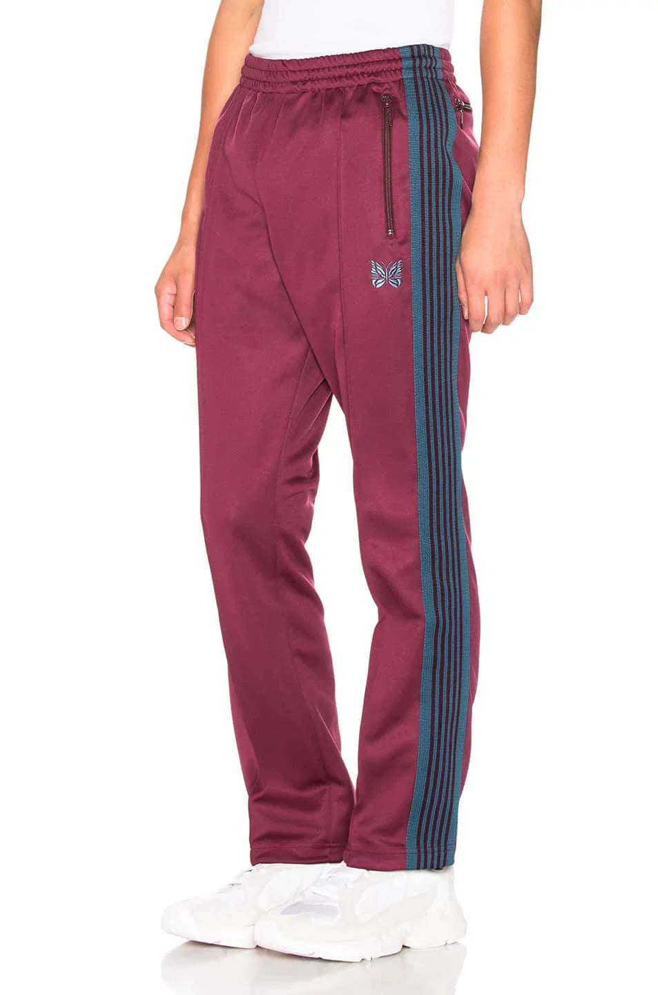 Needles Style Embroidered Butterfly Side-Tape Track Pants - Burgundy/Blue-Grey