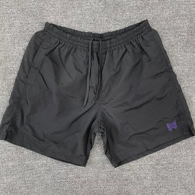 Needles Style Embroidered Butterfly Drawstring Athletic Shorts - Dark Grey