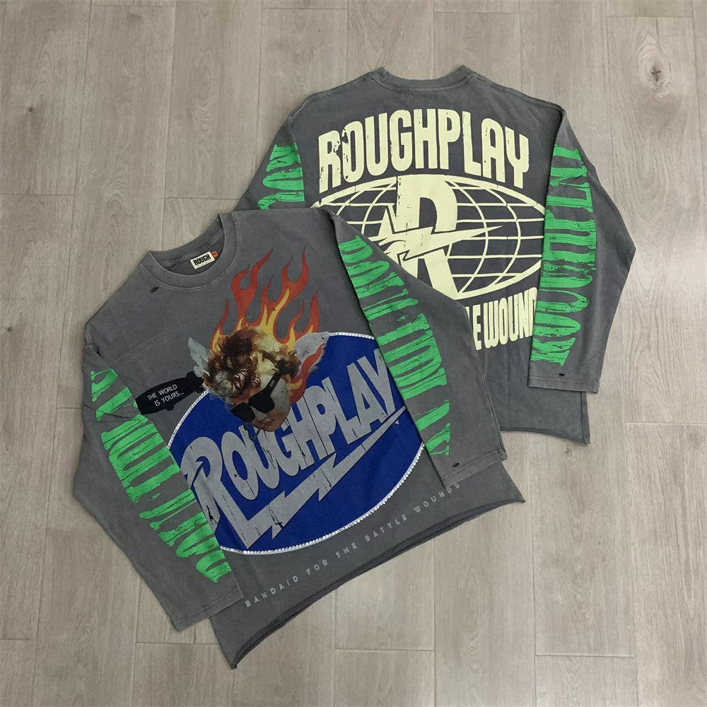 Roughplay Flaming Angel Graphic Heavyweight Long-Sleeve Tee - Dark Grey/Blue