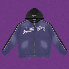 Roughplay Straight Logo Track Zip-Up Hoodie - Deep Blue/Black