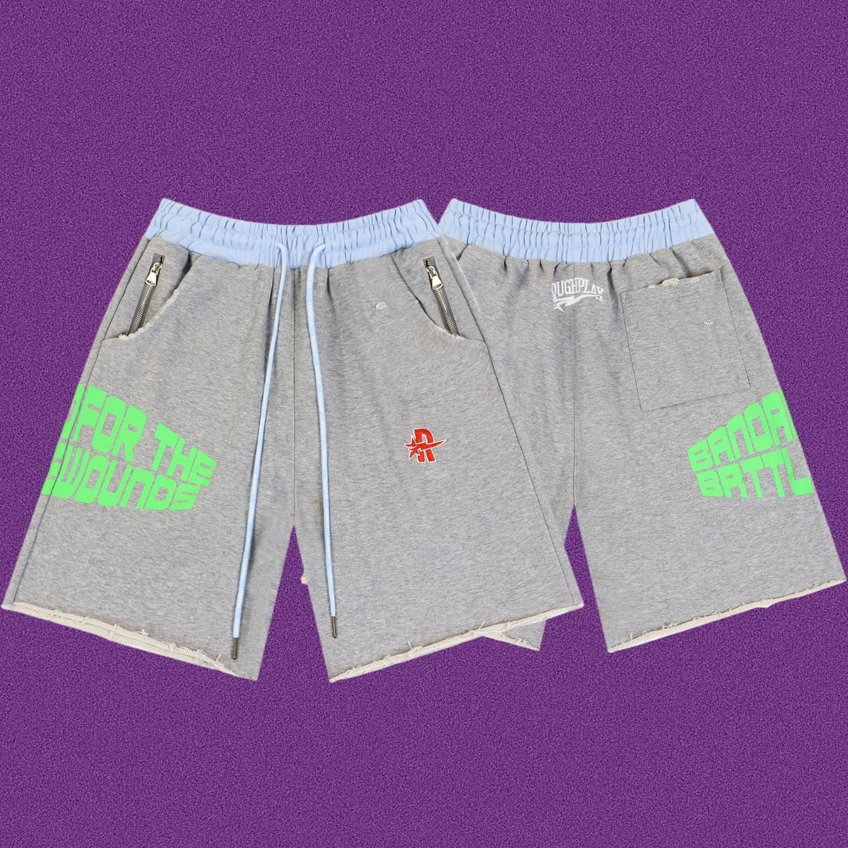 Roughplay For The Wounds Graphic Shorts - Light Grey/Neon Green