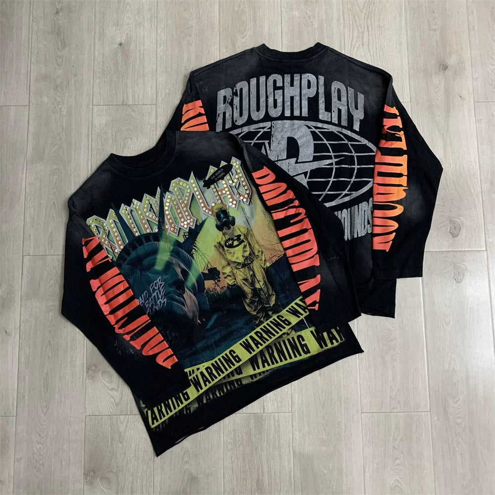 Roughplay Statue of Liberty & Warning Tape Graphic Heavyweight Long-Sleeve Tee - Black