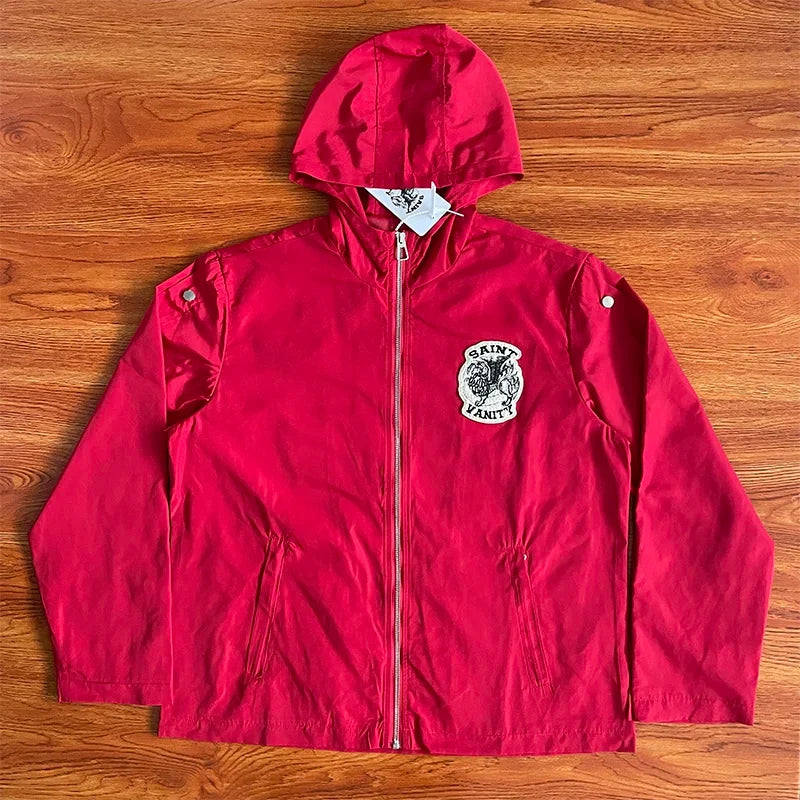 SAINT VANITY Embroidered Rivet Sports Style Casual Windbreaker - Red
