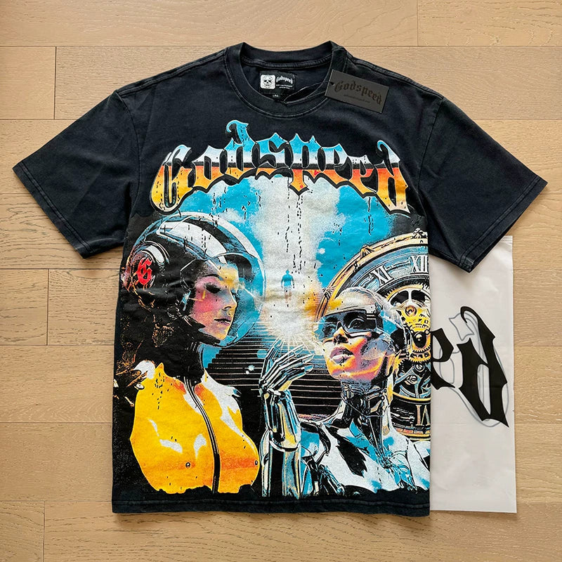 Godspeed Cyborg Robot Skull Graphic Tee Cotton Acid Washed Shirt