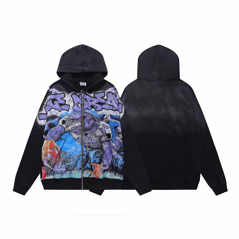 Vale Forever Football Monster Graphic Vintage Wash Full-Zip Hoodie