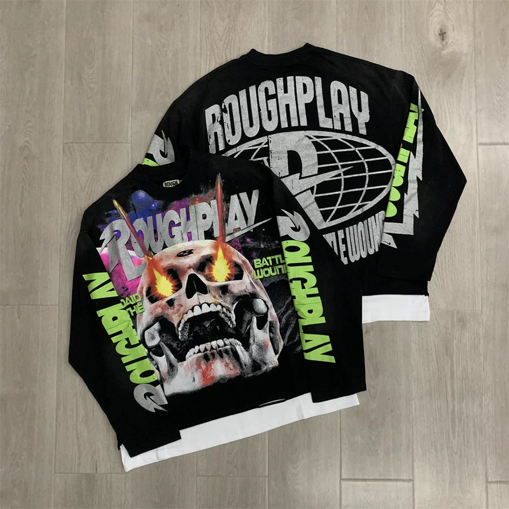 Roughplay Flaming Skull Graphic Heavyweight Long-Sleeve Tee - Black/Neon Green