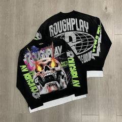 Roughplay Flaming Skull Graphic Heavyweight Long-Sleeve Tee - Black/Neon Green