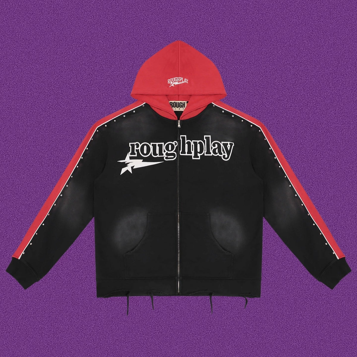 Roughplay Straight Logo Track Zip-Up Hoodie - Black/Red