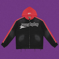 Roughplay Straight Logo Track Zip-Up Hoodie - Black/Red