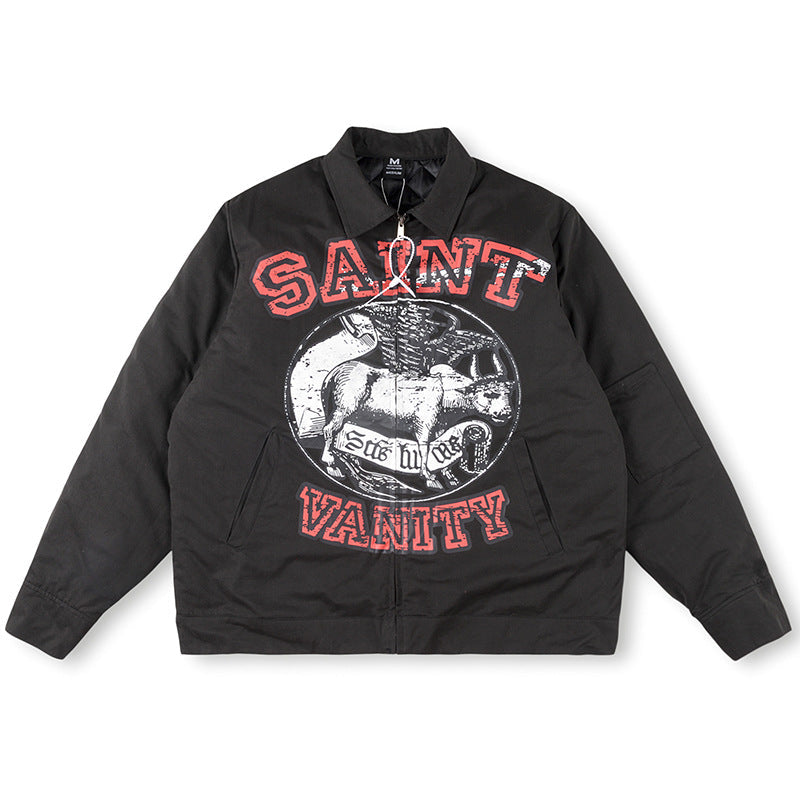 Saint Vanity Bull Graphic Zip Work Jacket - Black