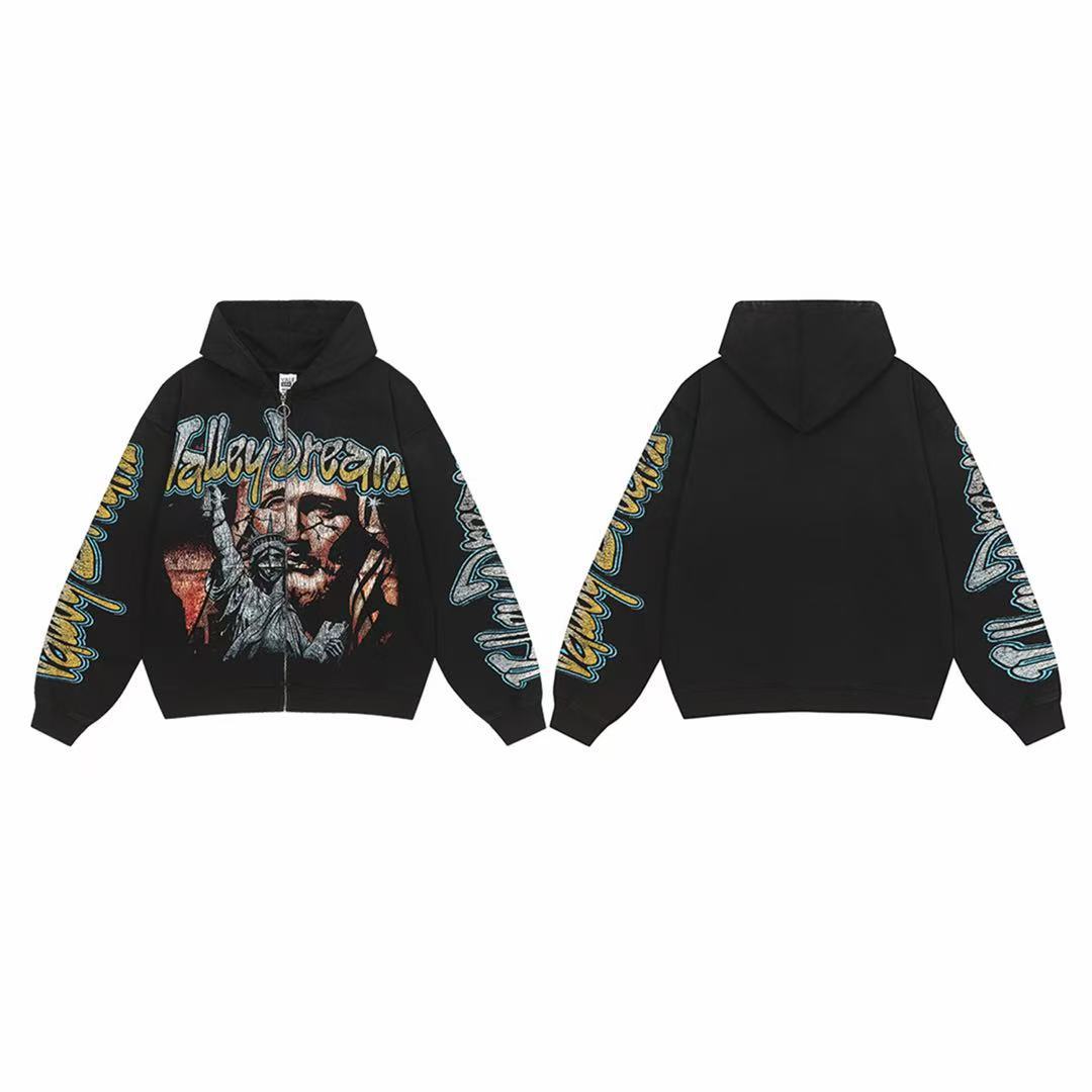 Vale Forever Valley Dreams Statue of Liberty & Portrait Graphic Vintage Wash Full-Zip Hoodie