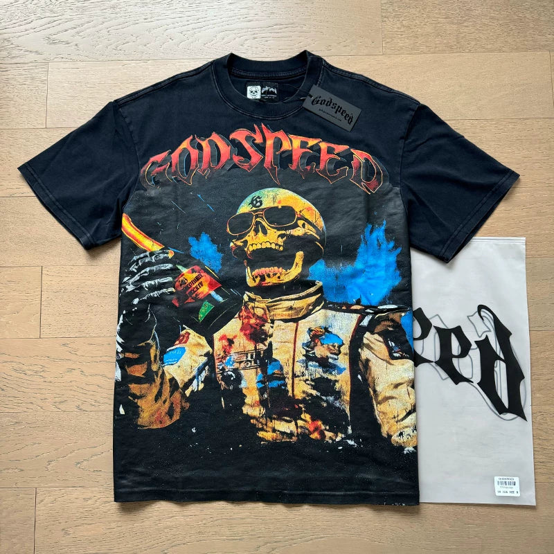 Godspeed Motorcycle Biker Racing Skull in Flames Graphic Tee Cotton Acid Washed Shirt