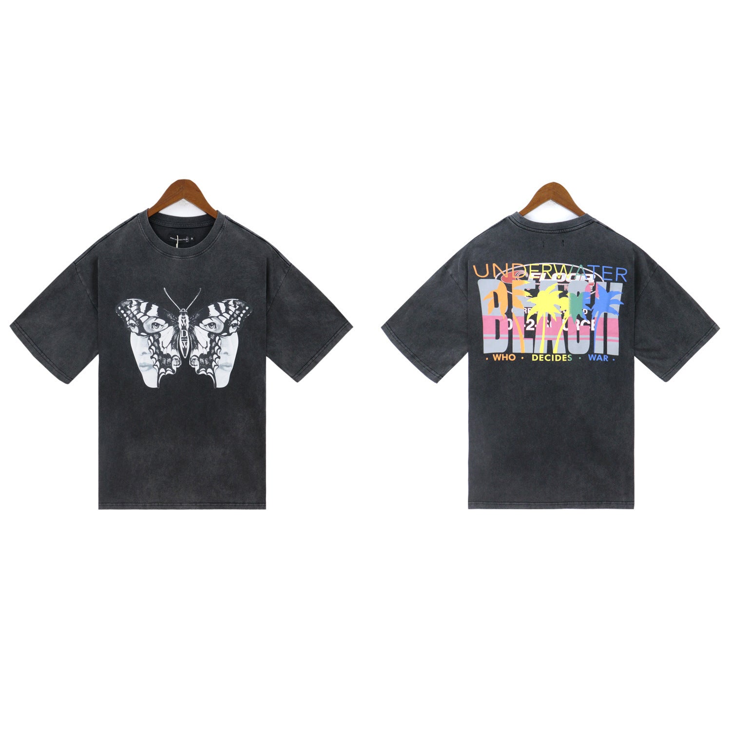 Who Decides War Butterfly Eye & Beach Graphic T-Shirt - Washed Black