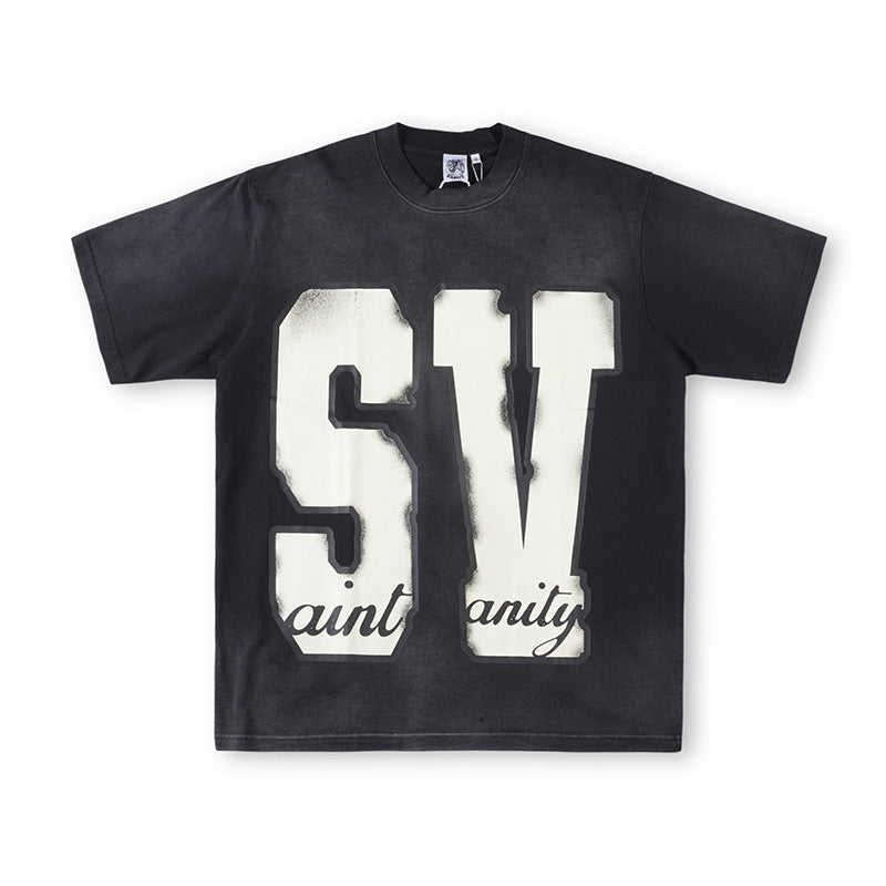 SAINT VANITY SV Logo Short-Sleeve Graphic T-Shirt - Black / Vintage Wash