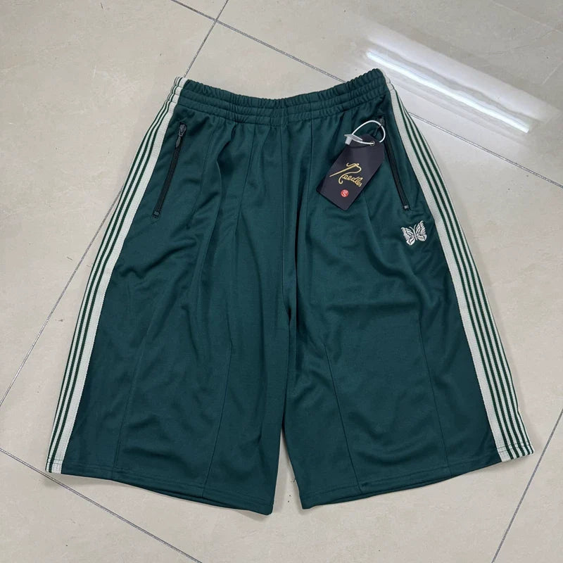 Needles Style Embroidered Butterfly Side-Tape Track Shorts - Dark Green/White